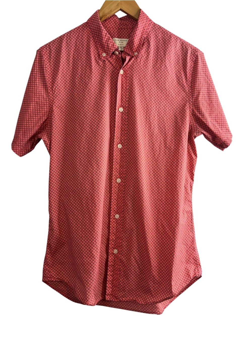 Club Monaco Button Down Shirt Short Sleeve Slim Fit Geometric 100% Cotton Size S